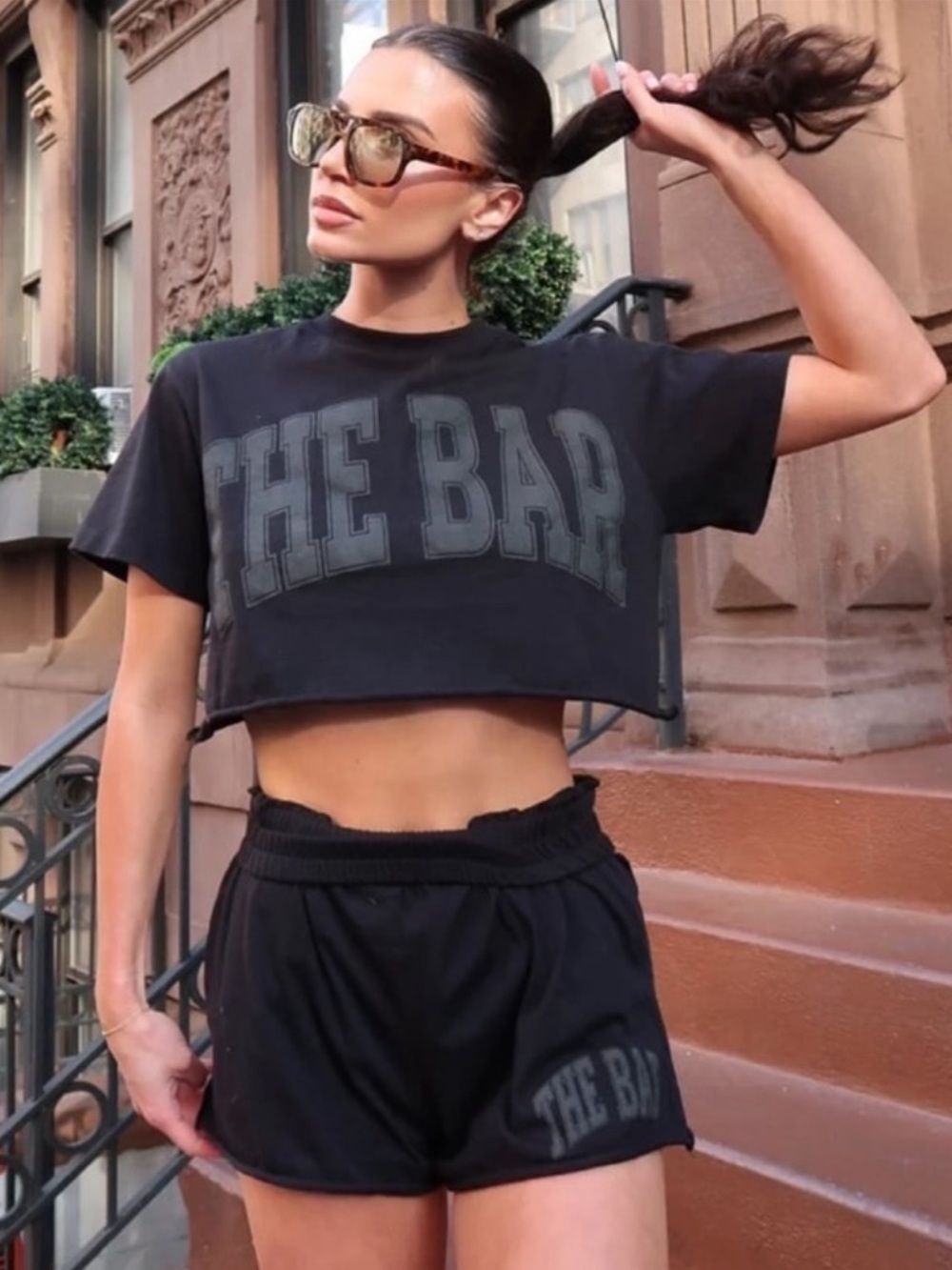 The Bar RARE Black Varsity Athletic Logo Matching Crop Top and Shorts SET